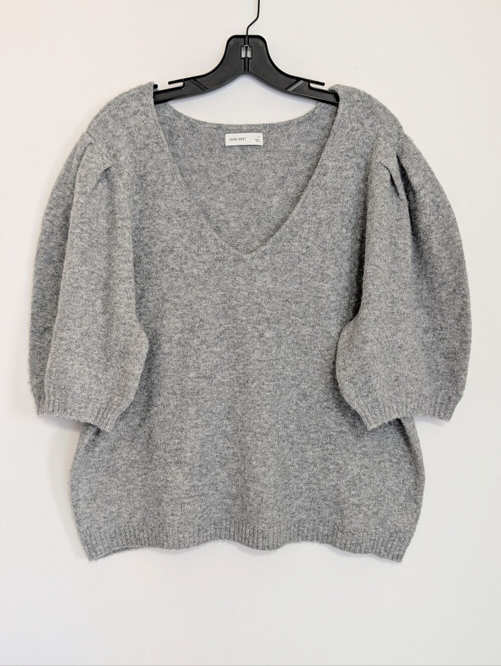 Nine West Gray Puff Sleeve Sweater Women's XL Soft Knit V-Neck Cozy Pullover